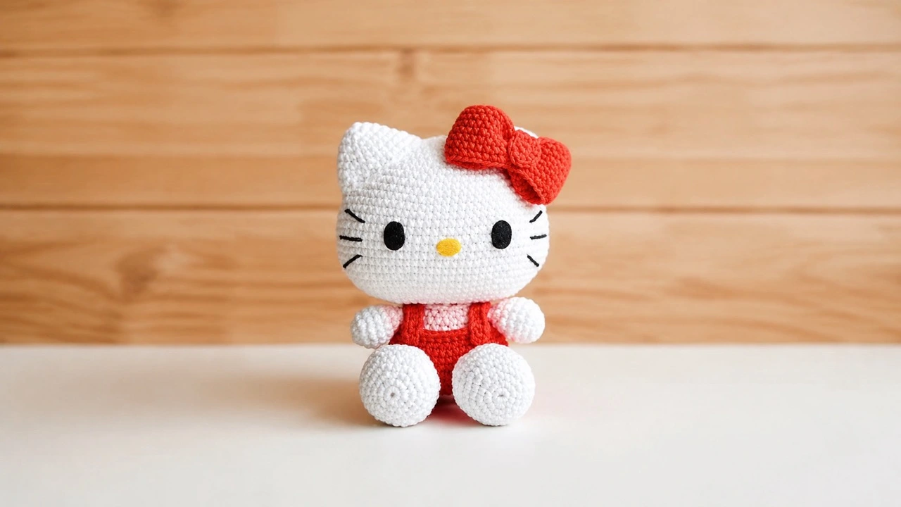 Finished crochet Hello Kitty amigurumi doll with a red bow and red overalls on a wooden background.